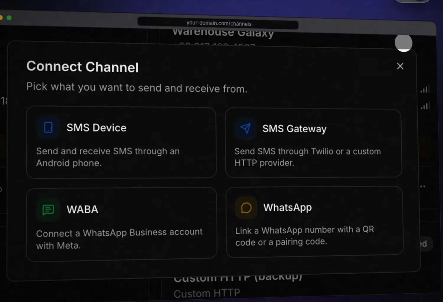 Dialog zum Verbinden eines Kanals: SMS über ein Android-Gerät, SMS über ein Gateway, WhatsApp Business (WABA) oder WhatsApp per QR-Code.