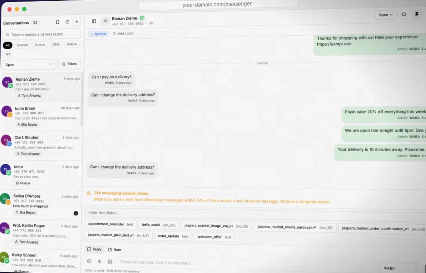 Geteiltes Team-Postfach mit Konversationsliste, geöffnetem WhatsApp-Business-Chat und Vorlagenauswahl.